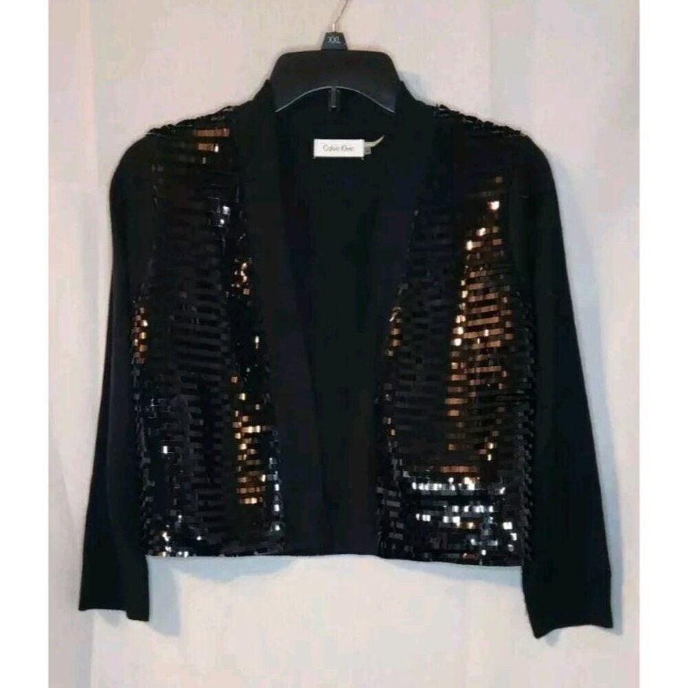 Calvin Klein Black Sequin Open Front Short Cardigan Size Large LS